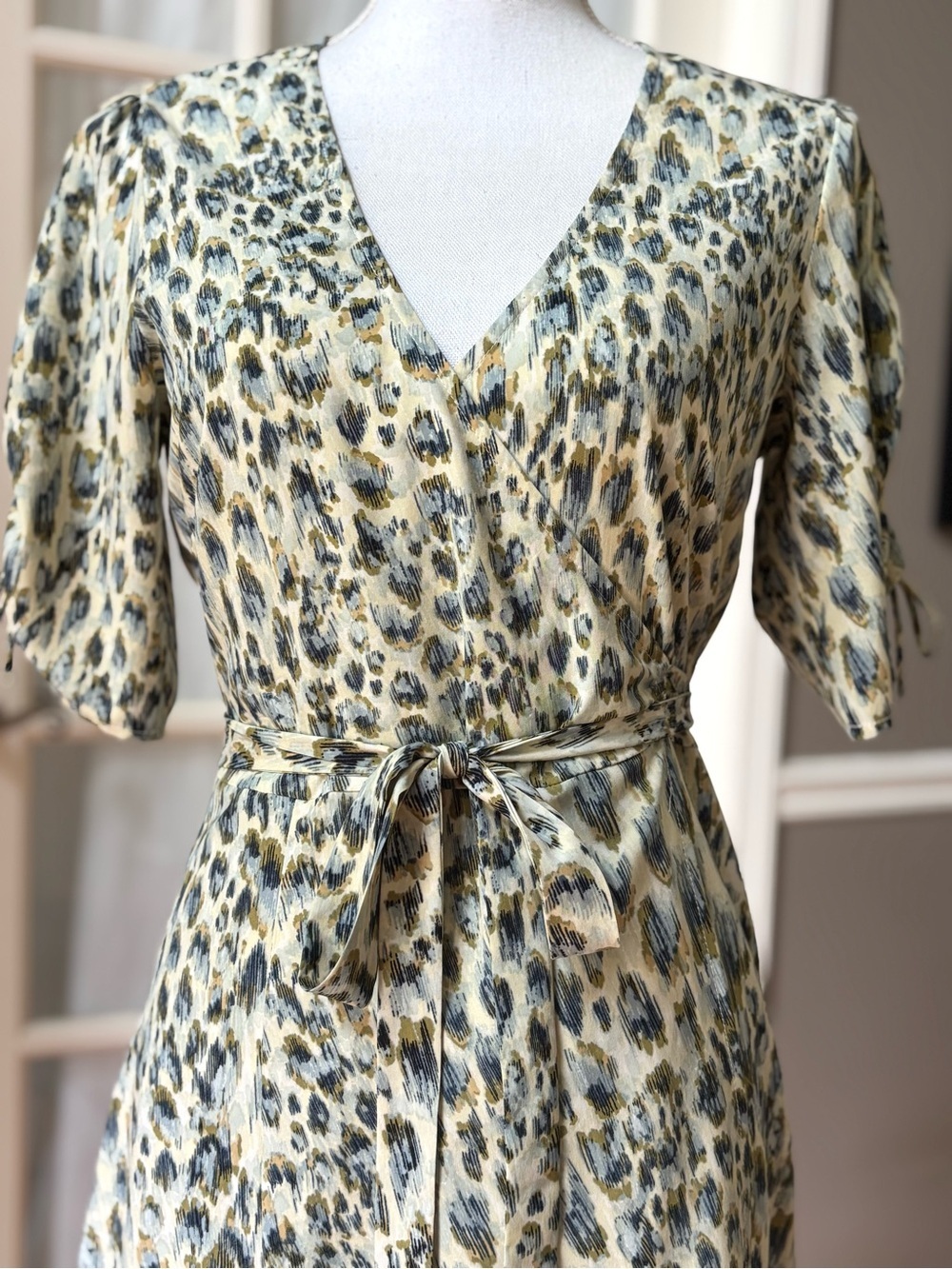 Lovestitch Leopard Print Wrap Dress Tie Waist Ruffle Hem Boho Midi